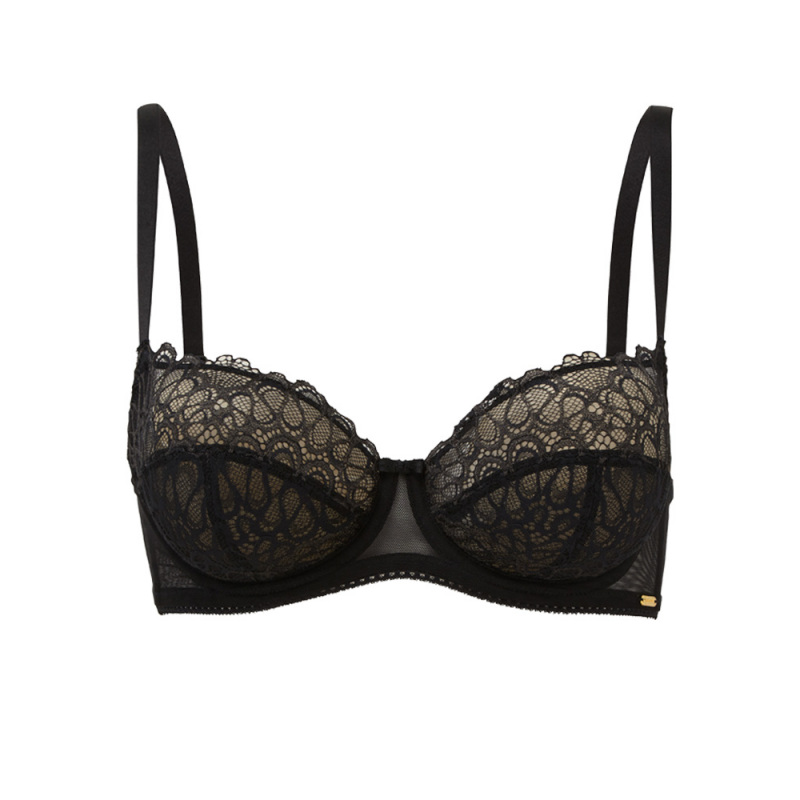Transparent Lace and Mesh Balcony Underwired Bra Black - Plus Size Bras